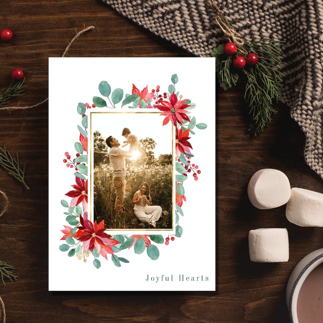 Tarjeta Festiva Joyful Heart Botanical Photo Navidades (Joyful Heart Botanical Photo Family Christmas Holiday Card)