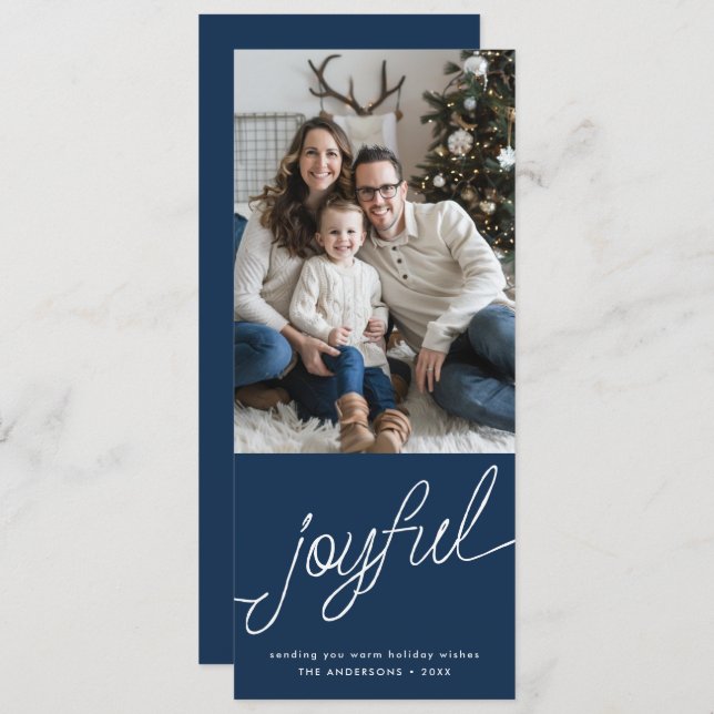 Tarjeta Festiva Joyful Modern Script Blue Photo Tall Navidades (Anverso / Reverso)