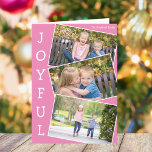 Tarjeta Festiva Joyful Pink Kids Photo Cute Navidades plegados Tar<br><div class="desc">Tarjeta plegada de fotos de Navidades rosados con 3 fotos de niños en un divertido patrón de instantáneas superpuestas con borde blanco y la palabra Joyful escrito verticalmente por un lado. Encuentra tus tres fotos favoritas para estas tarjetas de vacaciones familiares de bonito.</div>