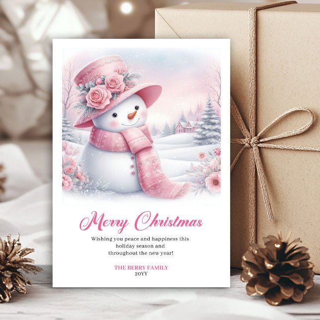 Tarjeta Festiva Joyful pink snowman Christmas greeting card digita (Joyful pink snowman Christmas greeting card editable file)