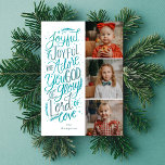 Tarjeta Festiva Joyful Religious Photo Card Winter Navy Blue<br><div class="desc">El diseño de esta tarjeta de Navidades de fotografía religiosa muestra un himno cristiano con letras a mano e ilustrado "Joyful Joyful, We Adore You, God of glory, Lord of Love". Este diseño cuenta con tres de sus hermosas fotos familiares y una helada paleta de color azul marino de invierno...</div>