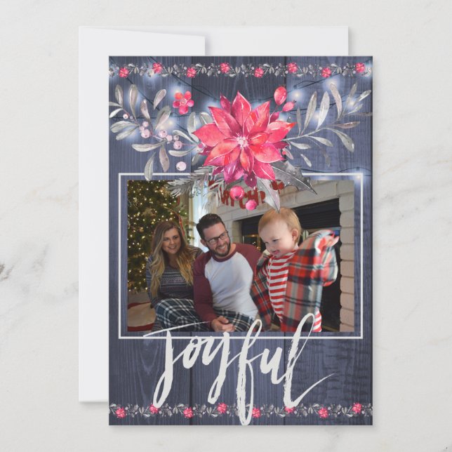 Tarjeta Festiva Joyful Rustic Blue Barn Wood Navidades 3 fotos (Anverso)