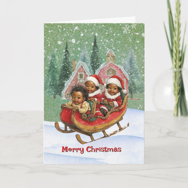 Tarjeta Festiva Joyful Sleigh Ride niños afroamericanos (Anverso)