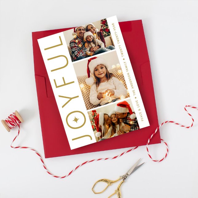 Tarjeta Festiva Joyful Three Photo White and Antique Gold (Subido por el creador)