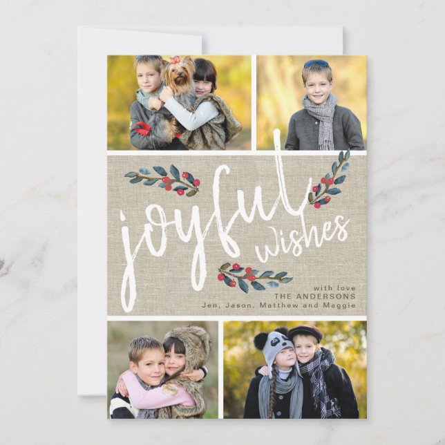 Tarjeta Festiva Joyful Wish Beige Linen Navidades 4 Collage de fot (Anverso)