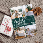 Tarjeta Festiva Joyful Wish | Christmas Photo Collage Card<br><div class="desc">Beautiful typography based holiday photo card features four of your favorite square family photos in a collage layout. "Joyful Wishes" appears in the center in white hand lettered typography on a hunter green background accented with white sketched leaves and red holly berries. Customize with your personal greeting, family names and...</div>