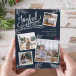 Tarjeta Festiva Joyful Wish | Christmas Photo Collage Card<br><div class="desc">Beautiful typography based holiday photo card features four of your favorite square family photos in a collage layout. "Joyful Wishes" appears at the top in white hand lettered typography on a rich navy blue background accented with white sketched leaves and red holly berries. Customize with your personal greeting, family names...</div>