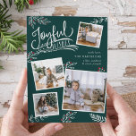 Tarjeta Festiva Joyful Wish | Christmas Photo Collage Card<br><div class="desc">Beautiful typography based holiday photo card features four of your favorite square family photos in a collage layout. "Joyful Wishes" appears at the top in white hand lettered typography on a dark spruce green background accented with white sketched leaves and red holly berries. Customize with your personal greeting, family names...</div>