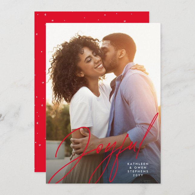 Tarjeta Festiva Joyoso guión moderno Navidades rojos fotográficos (Anverso / Reverso)