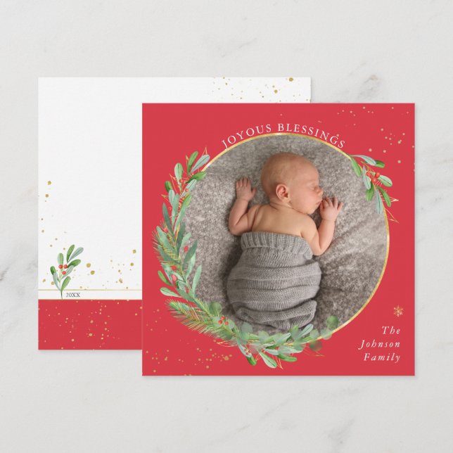 Tarjeta Festiva Joyous Blesss Watercolor Wreath (Anverso / Reverso)