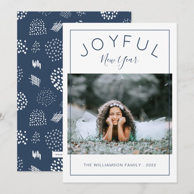 Tarjeta Festiva Joyous New Year Photo Card | Azul marino (Anverso / Reverso)