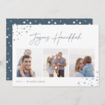 Tarjeta Festiva Joyous Sketch | Collage de fotos Hanukkah<br><div class="desc">Envíe saludos de Hanukkah a amigos y familiares en estilo moda con nuestras elegantes tarjetas de fotos. Diseñada para acomodar tres de tus fotos favoritas dispuestas una al lado de la otra en formato collage, la tarjeta presenta "joyous Hanukkah" con letras de guiones dibujadas a mano y adornadas con estrellas...</div>