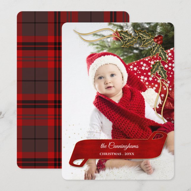 Tarjeta Festiva Joyous y Jolly con reverencias de la foto de Holly (Anverso / Reverso)