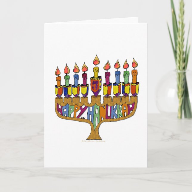 Tarjeta Festiva Judaica Happy Hanukkah Dreidel Menorah (Anverso)