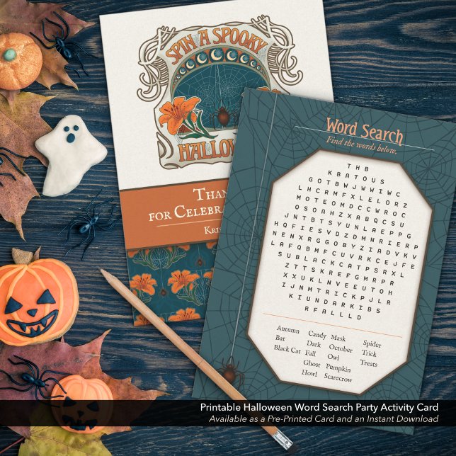 Tarjeta Festiva Juego de Fiesta de búsqueda fácil de línea de Hall (Printable Halloween Easy Word Search. Create a Custom Favor for Your Holiday Party, Blue.)