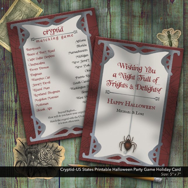 Tarjeta Festiva Juego de fiesta de Halloween imprimible en Estados (Cryptids of the US Matching Challenge–Printable Halloween Party Activity)