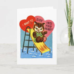 Tarjeta Festiva Jugando San Valentín retro gatito