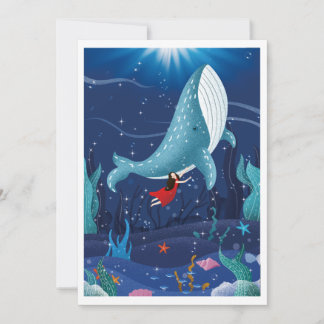 Tarjeta Festiva jugar con la ballena en el mar