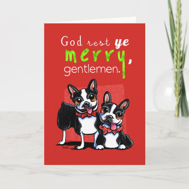 Tarjeta Festiva Jugaron Navidades de Boston Terrier Merry Gentleme (Anverso)