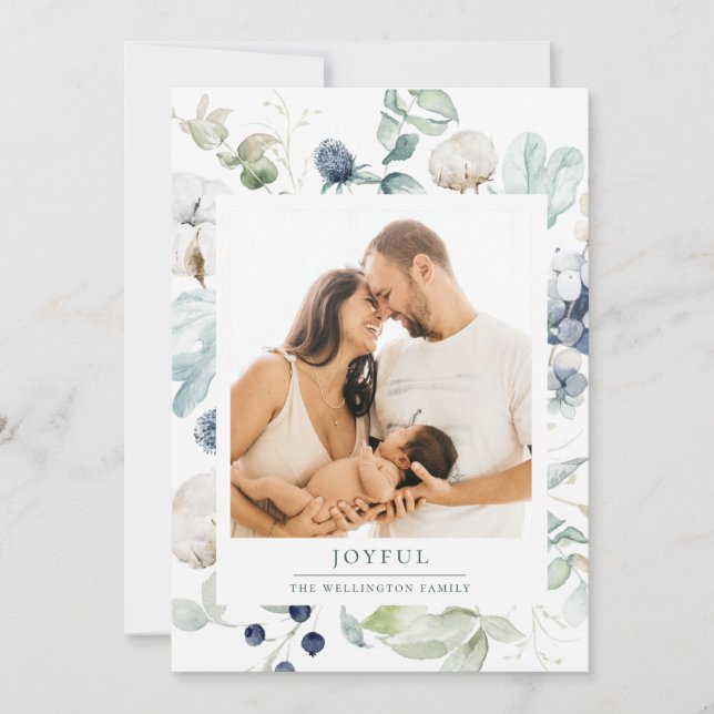 Tarjeta Festiva Jugoso invierno ártico foto botánica verde (Anverso)