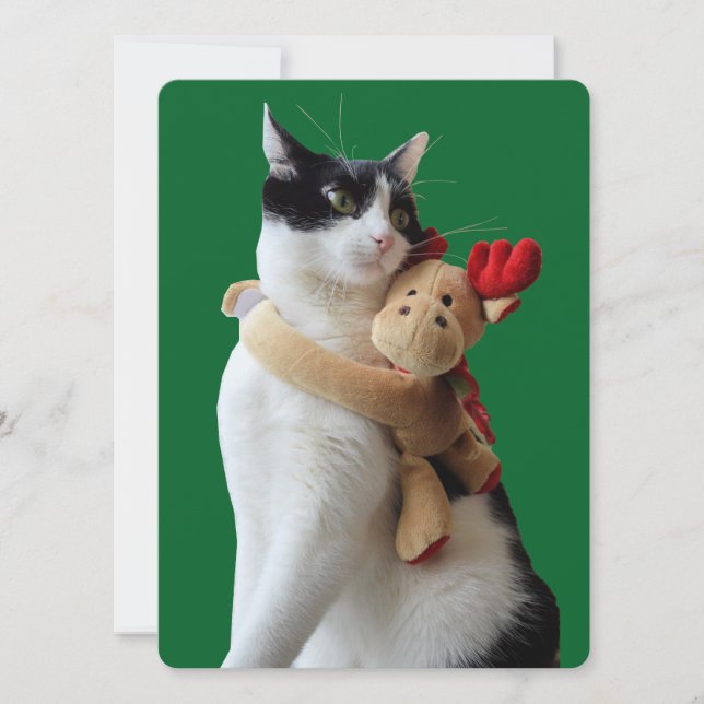 Tarjeta Festiva Juguete de Navidades de gatos y renos blancos y ne (Anverso)