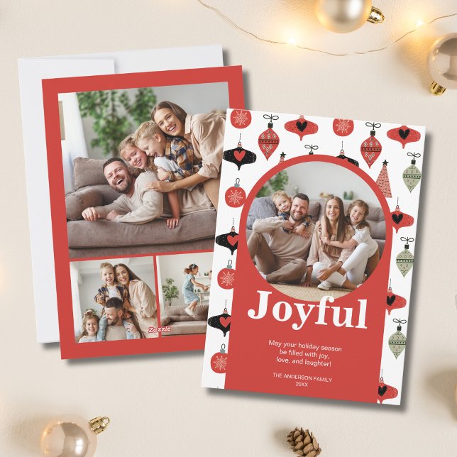 Tarjeta Festiva Juguetes Navidades 4 Arco Rojo Collage de fotos Fa (Joyful Christmas 4 Family Photo Collage Red Arch Holiday Card)