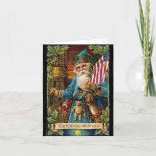 Tarjeta Festiva Juguetes Santa Claus y bandera estadounidense