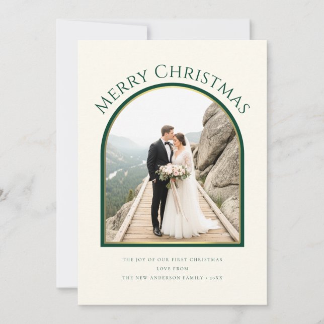 Tarjeta Festiva Just Married Newlywed Couple Arch Photo Christmas (Anverso)