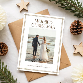 Tarjeta Festiva Just Married Newlywed Couple Beach Photo Christmas