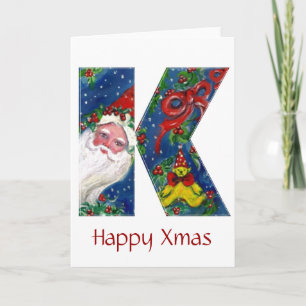 TARJETA FESTIVA K LETRA / SANTA CLAUS CON RIBBON ROJO MONOGRAMA