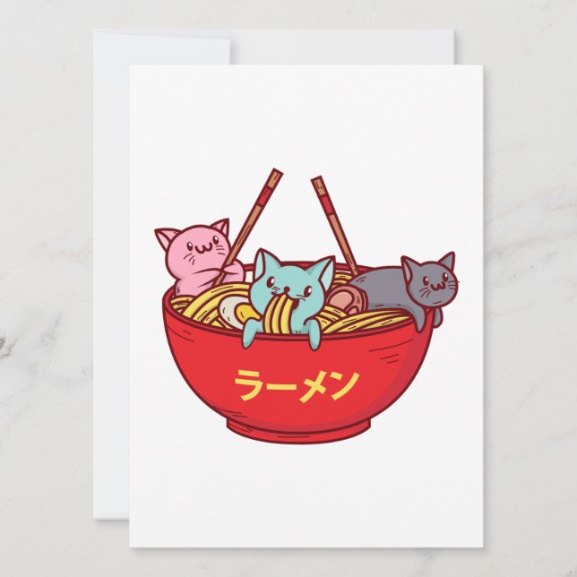 Tarjeta Festiva Kawaii Anime Cat Gracioso Adorable Ramen Japonés (Anverso)