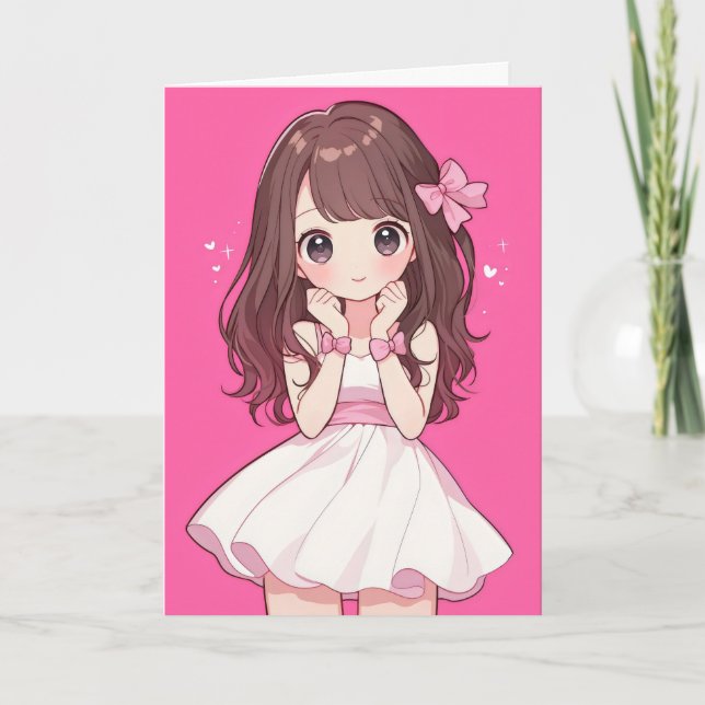 Tarjeta Festiva Kawaii Chibi Anime Chica Rosa (Anverso)