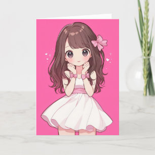 Tarjeta Festiva Kawaii Chibi Anime Chica Rosa