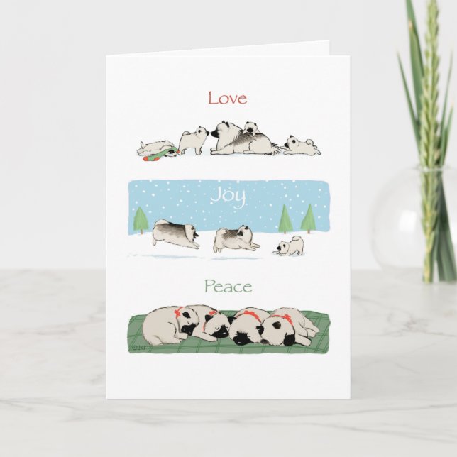 Tarjeta Festiva Keeshond Love Joy Peace | Navidades de Cute Keesie (Anverso)