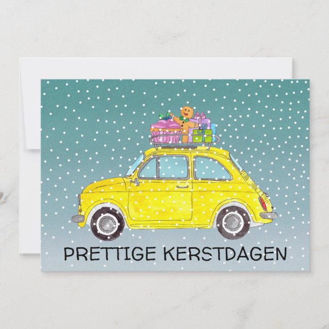 Tarjeta Festiva Kerstdagen Navidades holandeses Fiat amarillo 500 (Anverso)