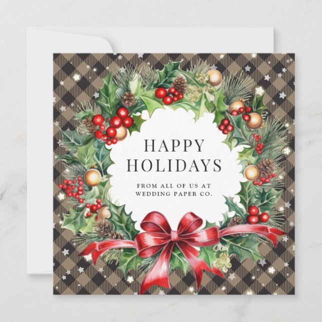 Tarjeta Festiva Khaki Buffalo Plaid Stars Holly Berries Business (Anverso)