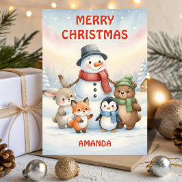 Tarjeta Festiva Kids Christmas Snowman & Little Animals