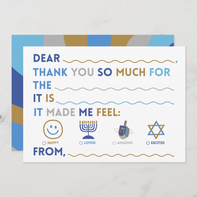 Tarjeta Festiva Kids Hanukkah Thank You Cards | Fill In The Blank (Anverso / Reverso)