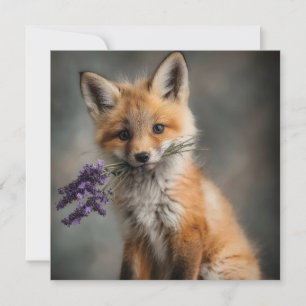 Tarjeta Festiva Kit de Fox Adorable Holding Flores de Lavanda