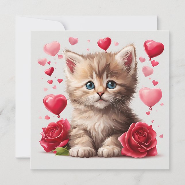 Tarjeta Festiva Kitten del Día de San Valentín con Rosas en Acuare (Anverso)