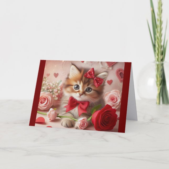 Tarjeta Festiva Kitten With Roses And Hearts Holiday Card (Anverso)