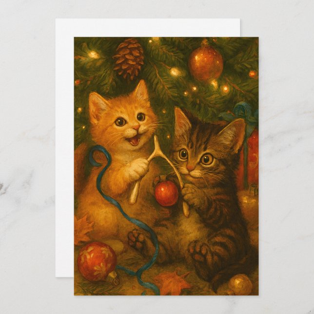 Tarjeta Festiva Kittens & Turkey Wishbone Under Christmas Tree (Anverso / Reverso)