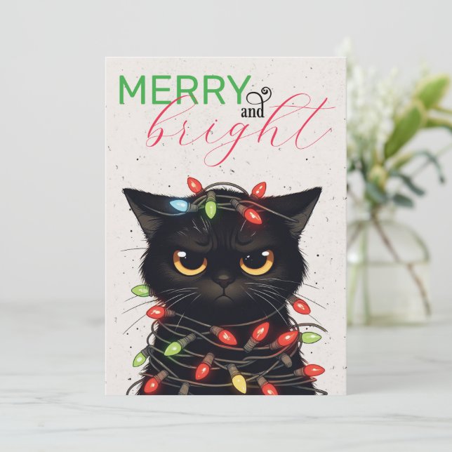 Tarjeta Festiva Kitty Christmas Lights (Anverso de pie)