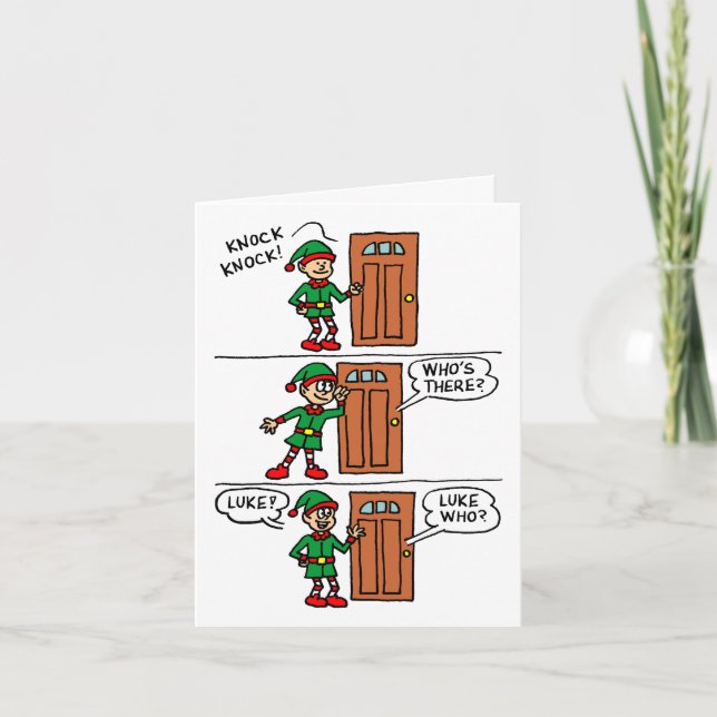 Tarjeta Festiva Knock Knock Elf Christmas Presenta Luke (Anverso)