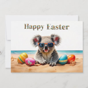 Tarjeta Festiva Koala en la playa con huevos de Pascua Feliz Pascu