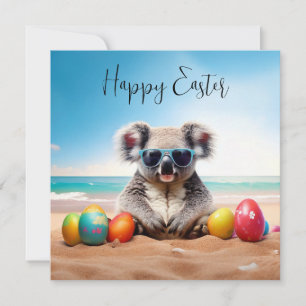 Tarjeta Festiva Koala en la playa con huevos de Pascua Feliz Pascu