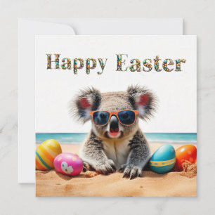 Tarjeta Festiva Koala en la playa con huevos de Pascua Feliz Pascu