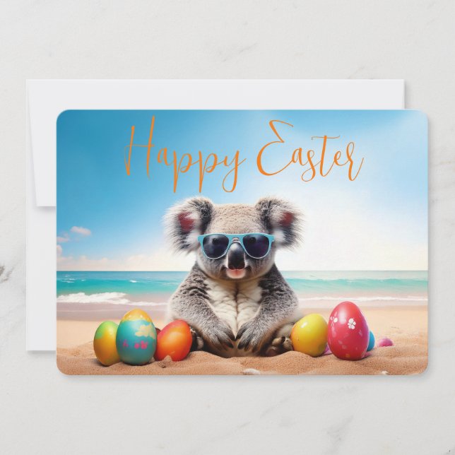 Tarjeta Festiva Koala en la playa con huevos de Pascua Feliz Pascu (Anverso)