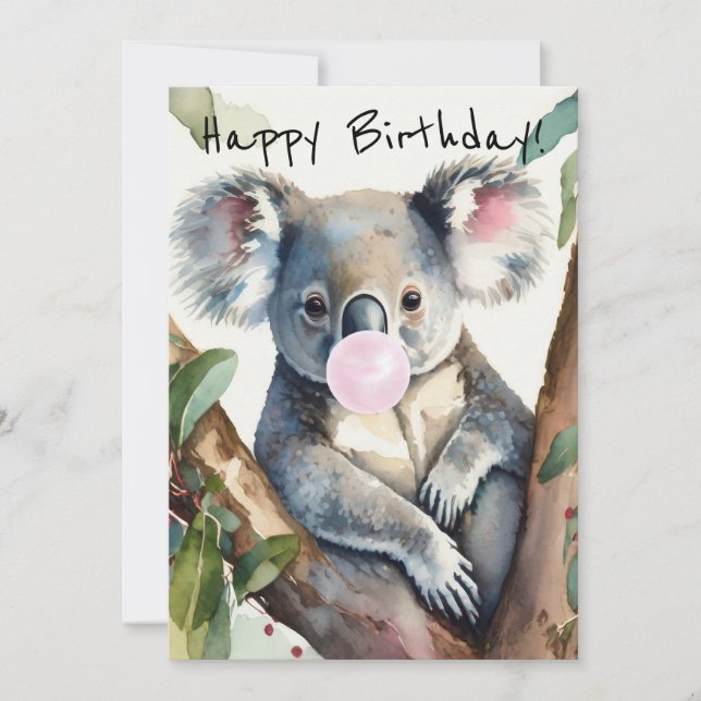 Tarjeta Festiva Koala soplando un chicle rosa (Anverso)