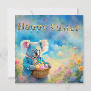 Tarjeta Festiva Koala sosteniendo una cesta de huevos de Pascua